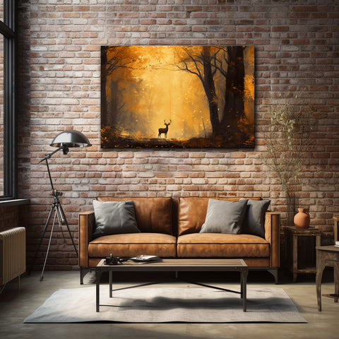 Golden Autumn Landscape | Forest Wall Art | Large Canvas Print | Nature Wall Decor | Modern Home Décor Deer Art | Golden Autumn Trees Print